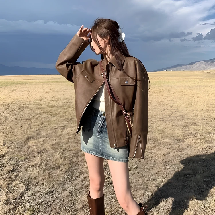 美拉德皮衣外套女早秋学院风棕色皮衣美式痞帅皮夹克2025新款上衣