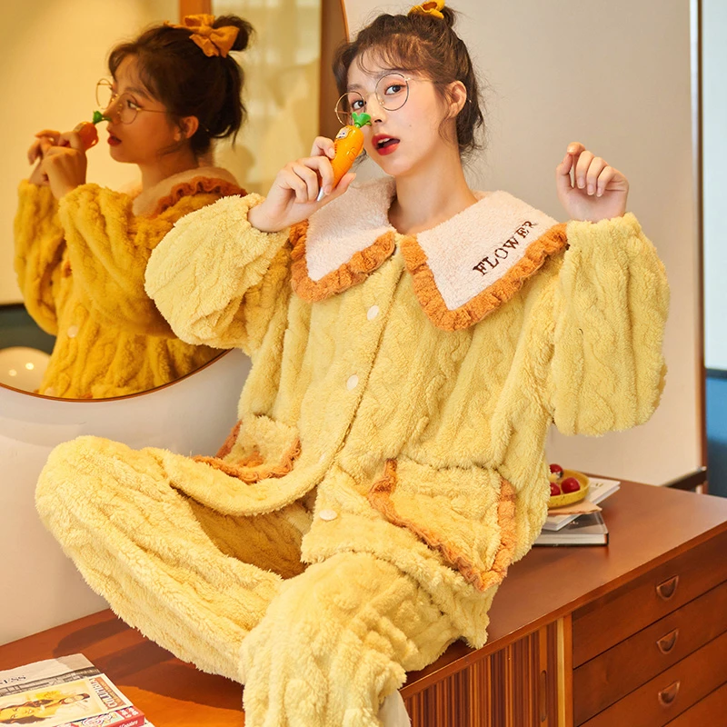 秋冬季珊瑚绒睡衣女士加厚法兰绒甜美卡通冬天款家居服套装 2281