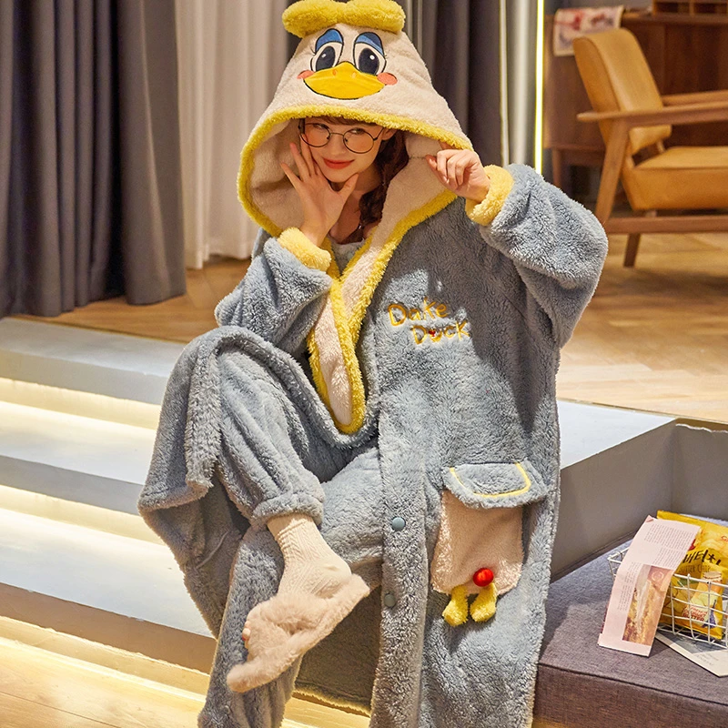 珊瑚绒睡袍女士秋冬季睡衣女连帽加厚保暖法兰绒卡通家居服 2166