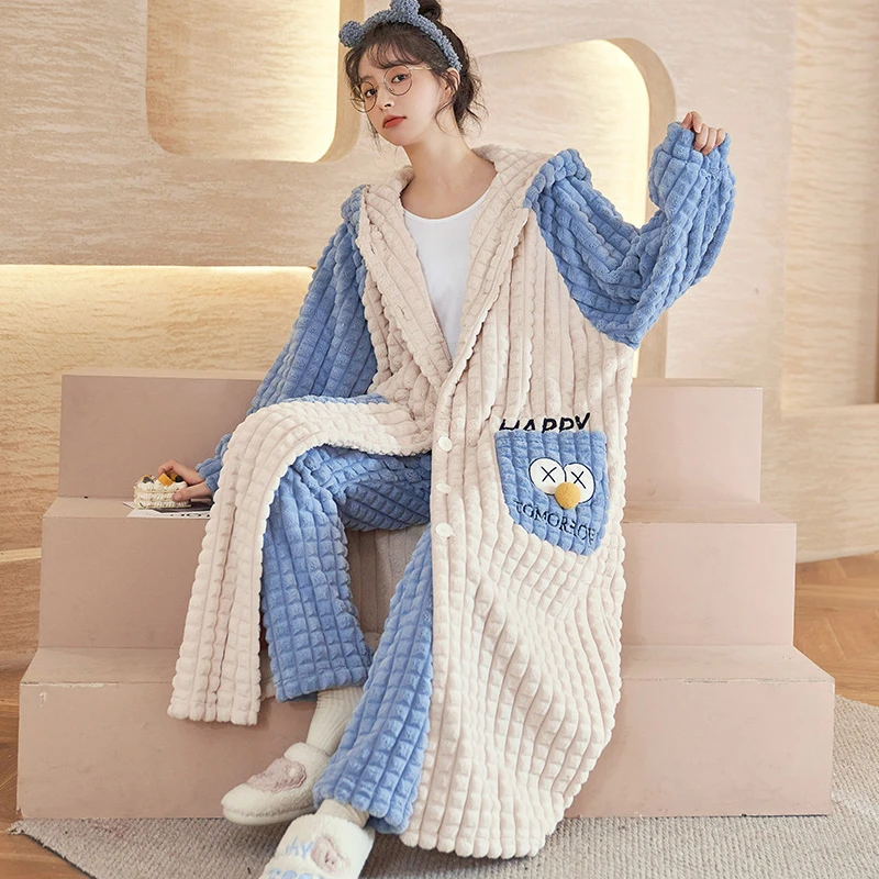 珊瑚绒睡袍女士秋冬季睡衣加厚保暖可外穿法兰绒家居服套装 2241