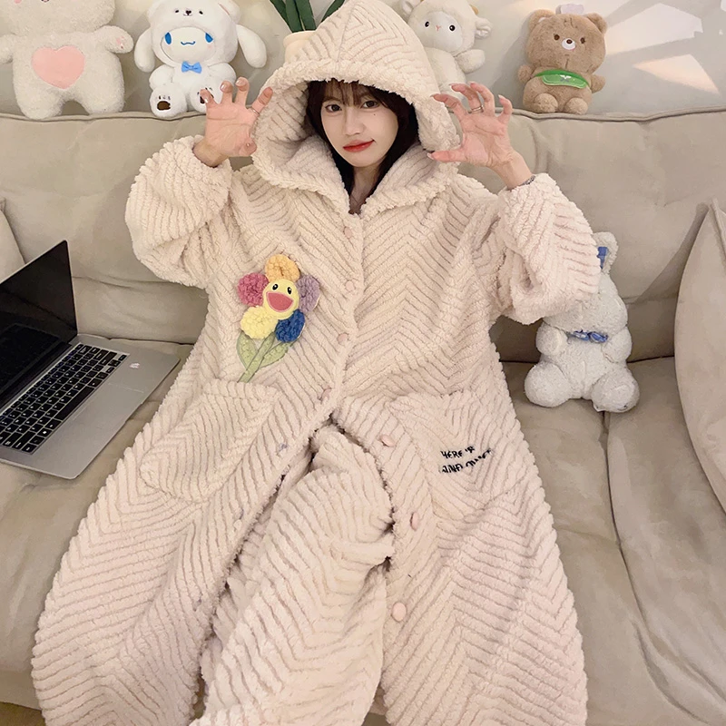 珊瑚绒睡袍女士秋冬季法兰绒睡衣女连帽加厚保暖卡通家居服 2301