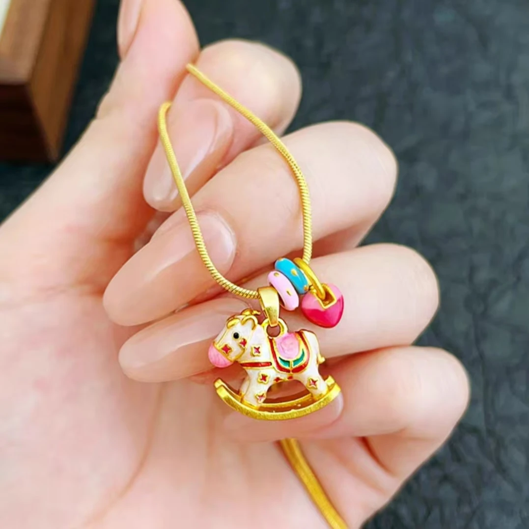 铜合金项链 【女士小木马项链】金色时尚坠链彩绘秋款吊坠可爱古法