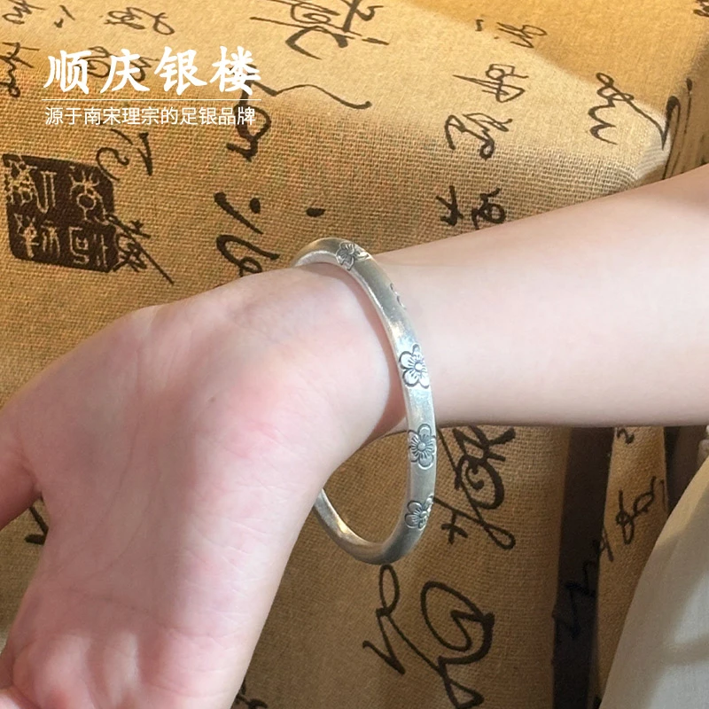 足银手镯 9999光面梅南瓜头手镯手工实心民族风简约小众高级时尚