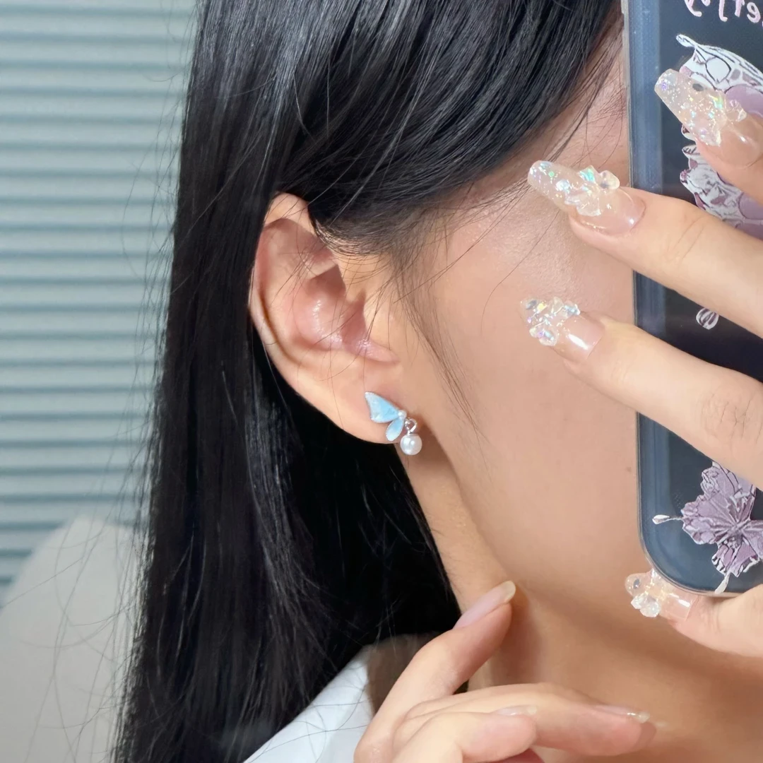 925银耳饰 顺庆银楼歆蝶耳环s925纯银蓝色可爱精致甜美设计感礼物