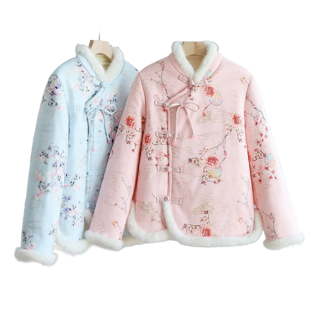 中式鹿皮绒冬季加厚新款加绒国风棉服棉衣盘扣棉袄复古洋气绣花