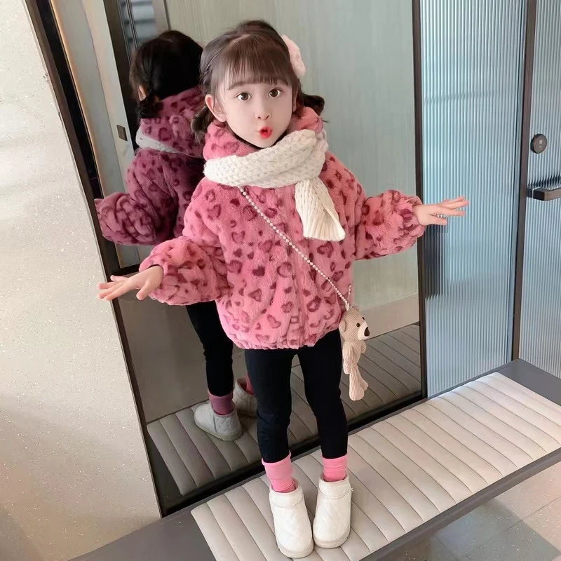 爆款女童加绒加厚冬款豹纹外套保暖新款韩版洋气儿童冬季毛毛衣