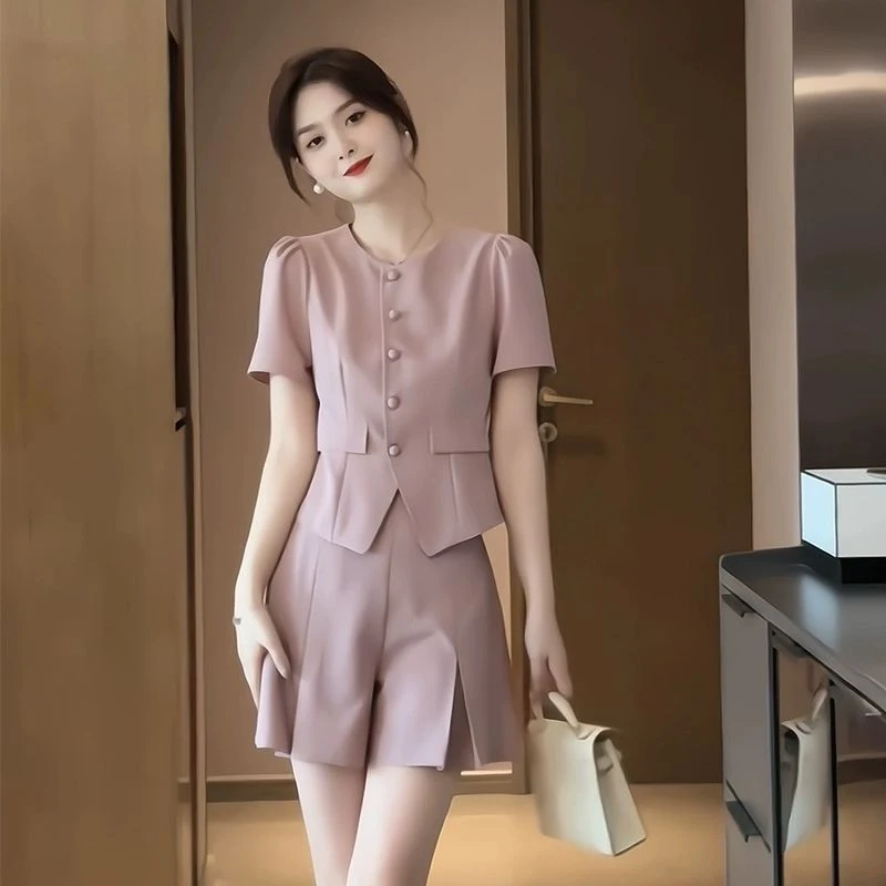 小香风干练气质女装轻奢高级感休闲职业粉色西装短裤两件套女1966