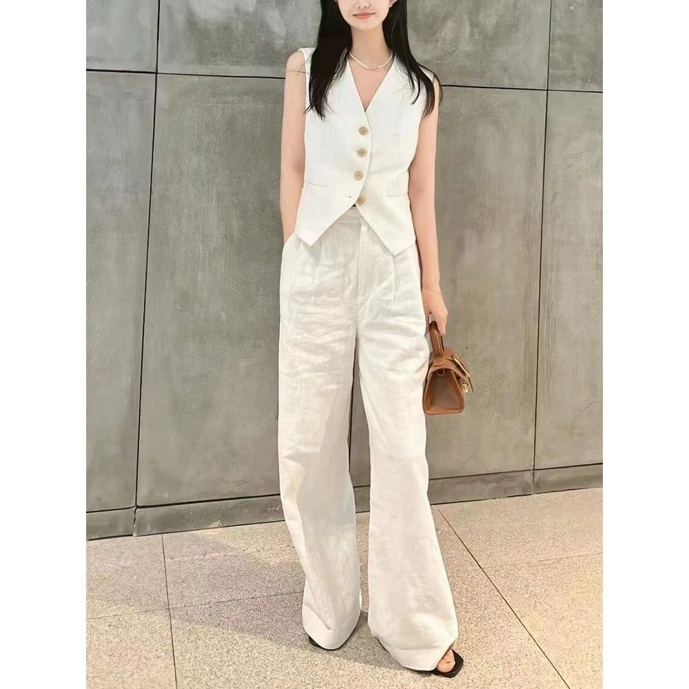 高品质亚麻马甲套装女夏2024新款时尚气质棉麻背心阔腿裤两件套