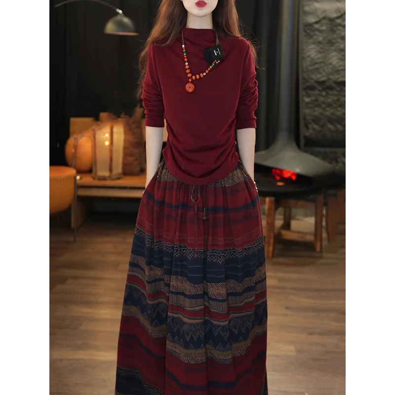 民族风气质优雅时尚裙套装2026春冬新款休闲百搭针织上衣+半身裙