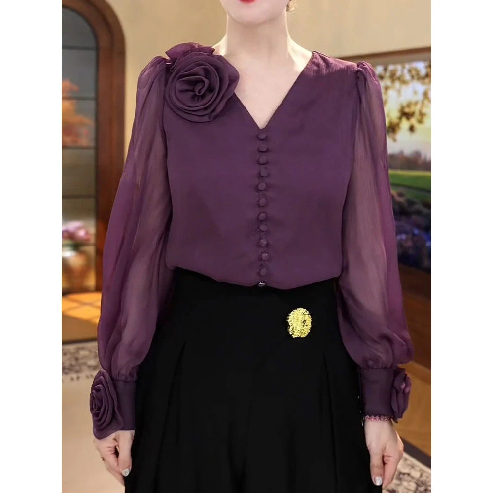 优雅名媛风轻奢纯色长袖衬衫女2024春装新款高级感极简风显瘦衬衣