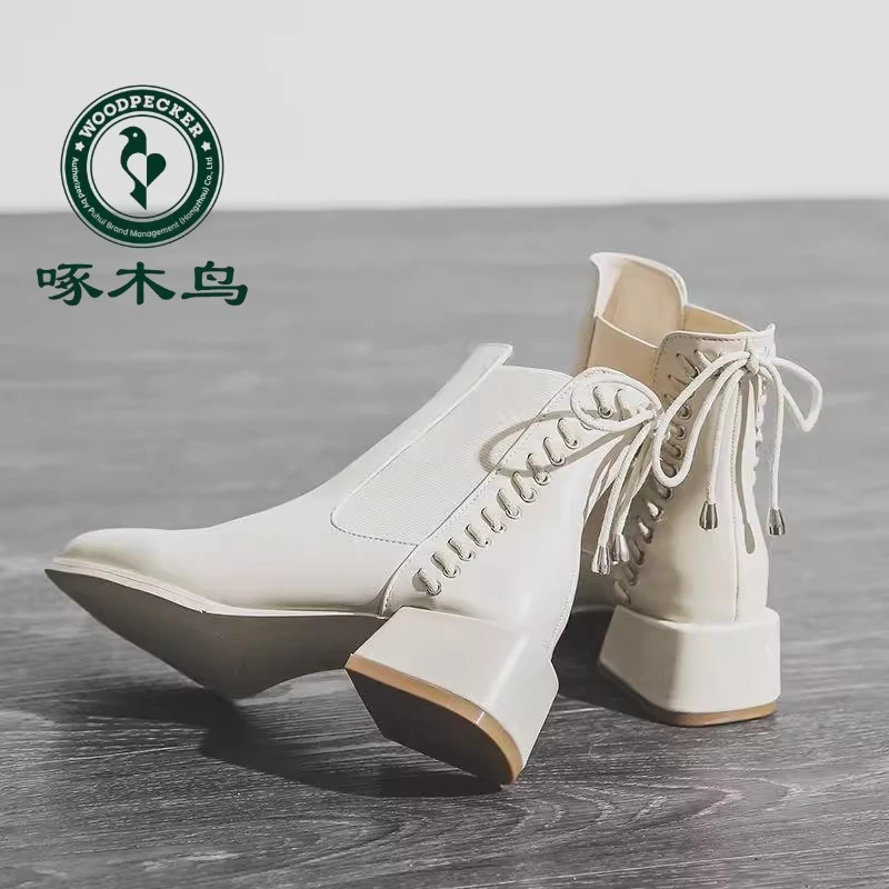 啄木鸟正品靴子女切尔西靴中跟2023新秋冬圆头单靴防滑短靴冬加绒