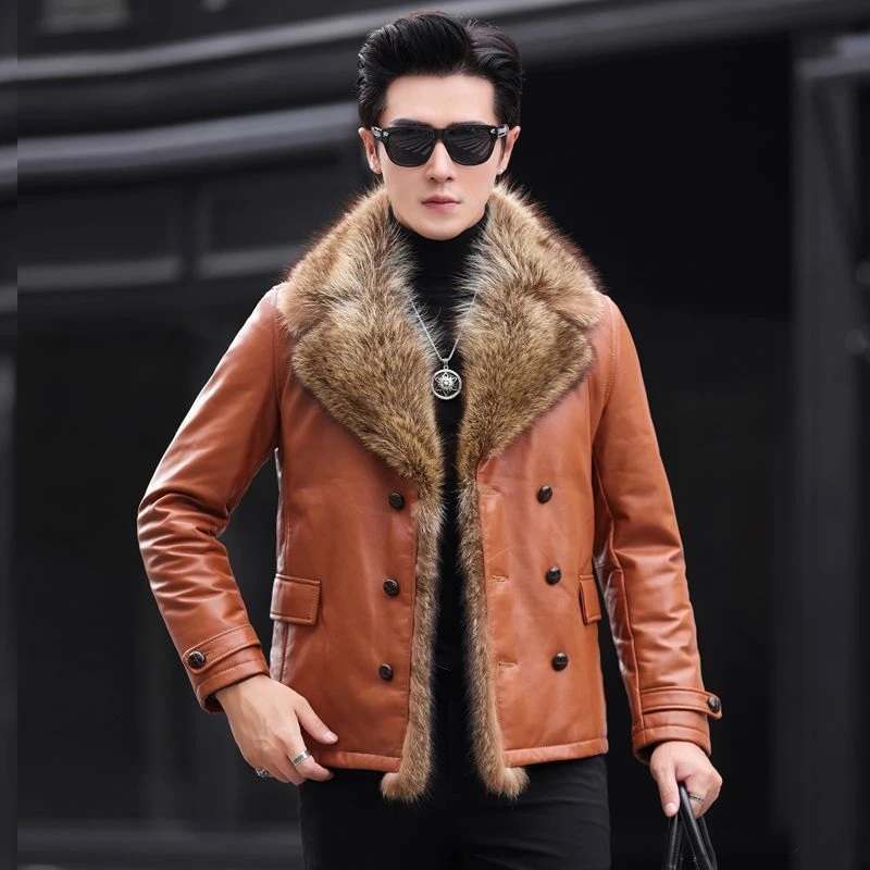 海宁真皮皮衣男绵羊皮羽绒服短款青年貉子毛男士皮夹克冬季外套潮