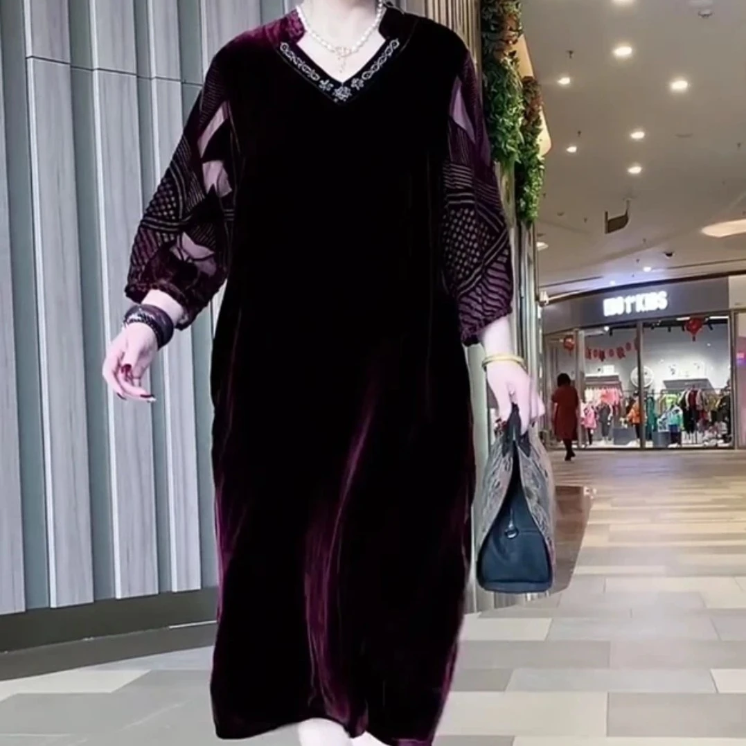 春夏高贵气质纯色桑蚕丝宽松长袖遮肚子显瘦长袖时尚洋气植绒裙