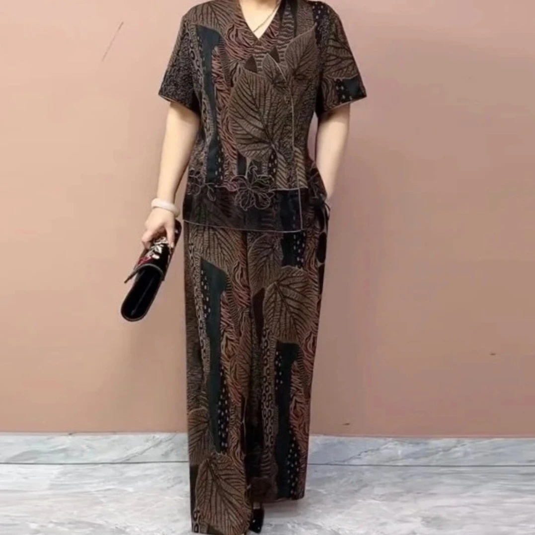 中老年妈妈夏季新款套装时尚洋气遮肉显瘦阔腿裤两件套