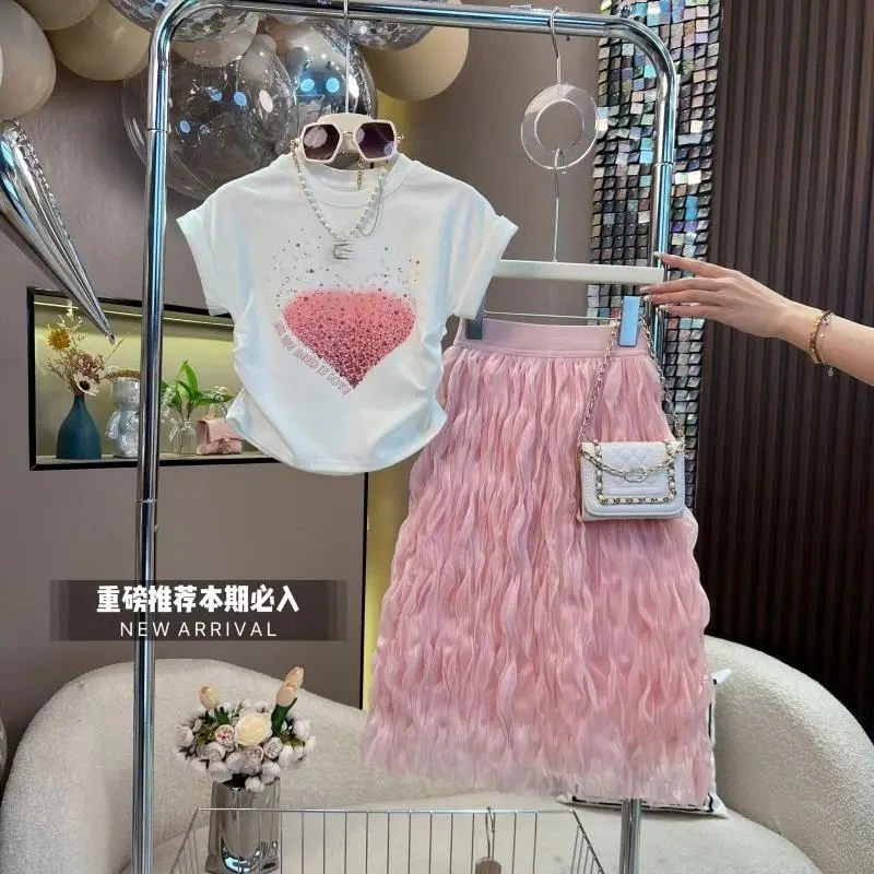 女童夏季套装2025新款女宝宝洋气网红爱心短袖蛋糕裙子两件套潮