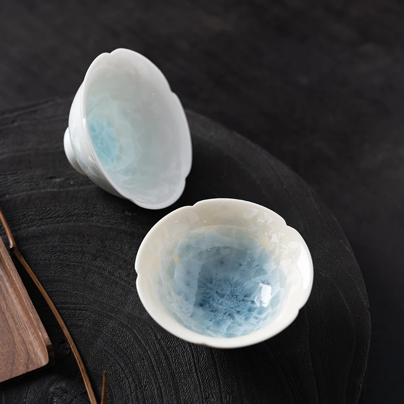 窑变结晶釉花口主人杯女士茶杯陶瓷高温茶具斗笠杯冰晶个人品茗杯