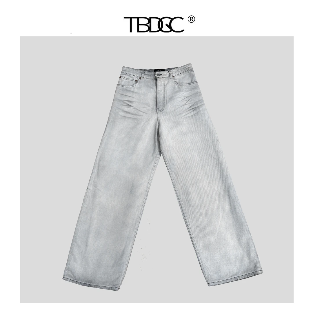 巴黎风格24冬季滑雪系列 双层加绒加厚宽松牛仔裤 灰白色水洗