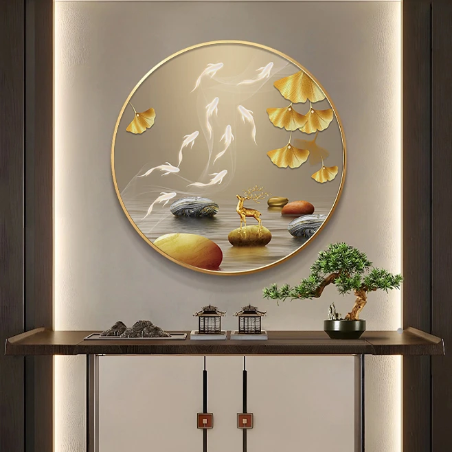 【高质】圆形装饰画中式银杏叶大家大业餐厅装饰画发光玄关平面挂画