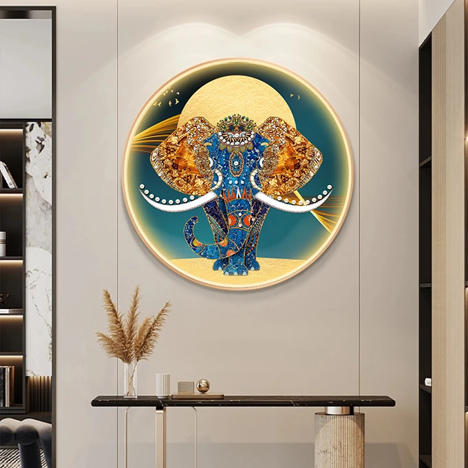 吉祥如意大象圆形装饰画新中式玄关挂画客厅餐厅卧室茶室过道墙画