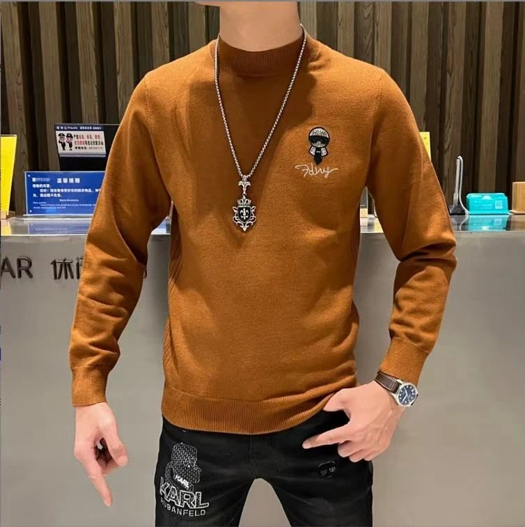 2023憾路者家冬季款烫钻老头针织衫时尚百搭潮流圆领毛衣男士修身