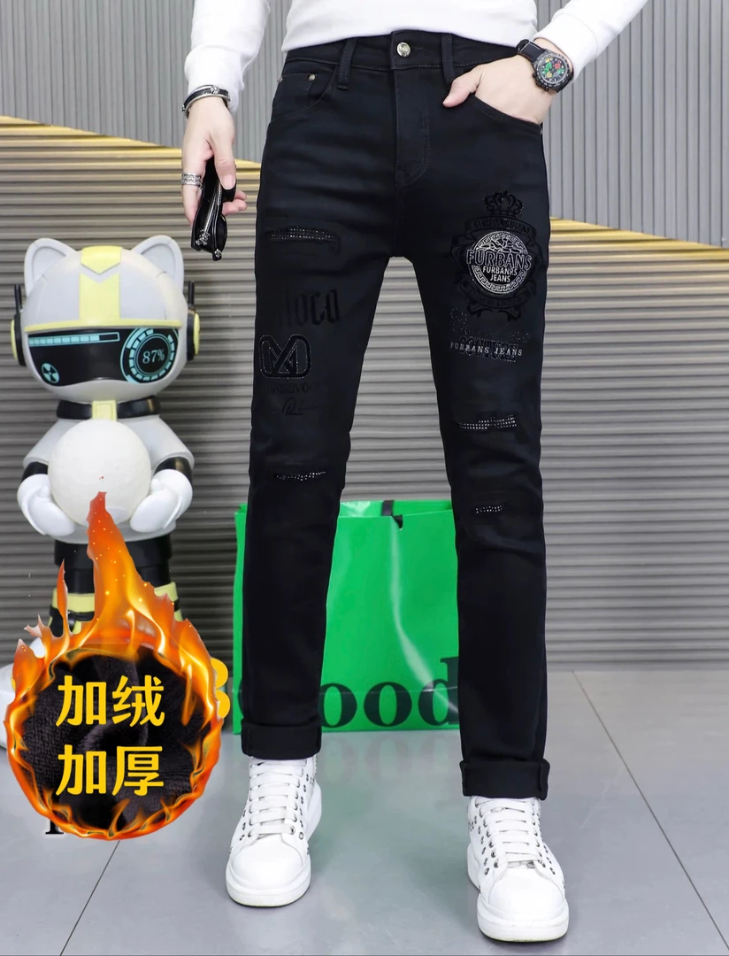 2023秋冬季新款百搭时尚烫钻潮流直筒小脚轻奢牛仔裤男士