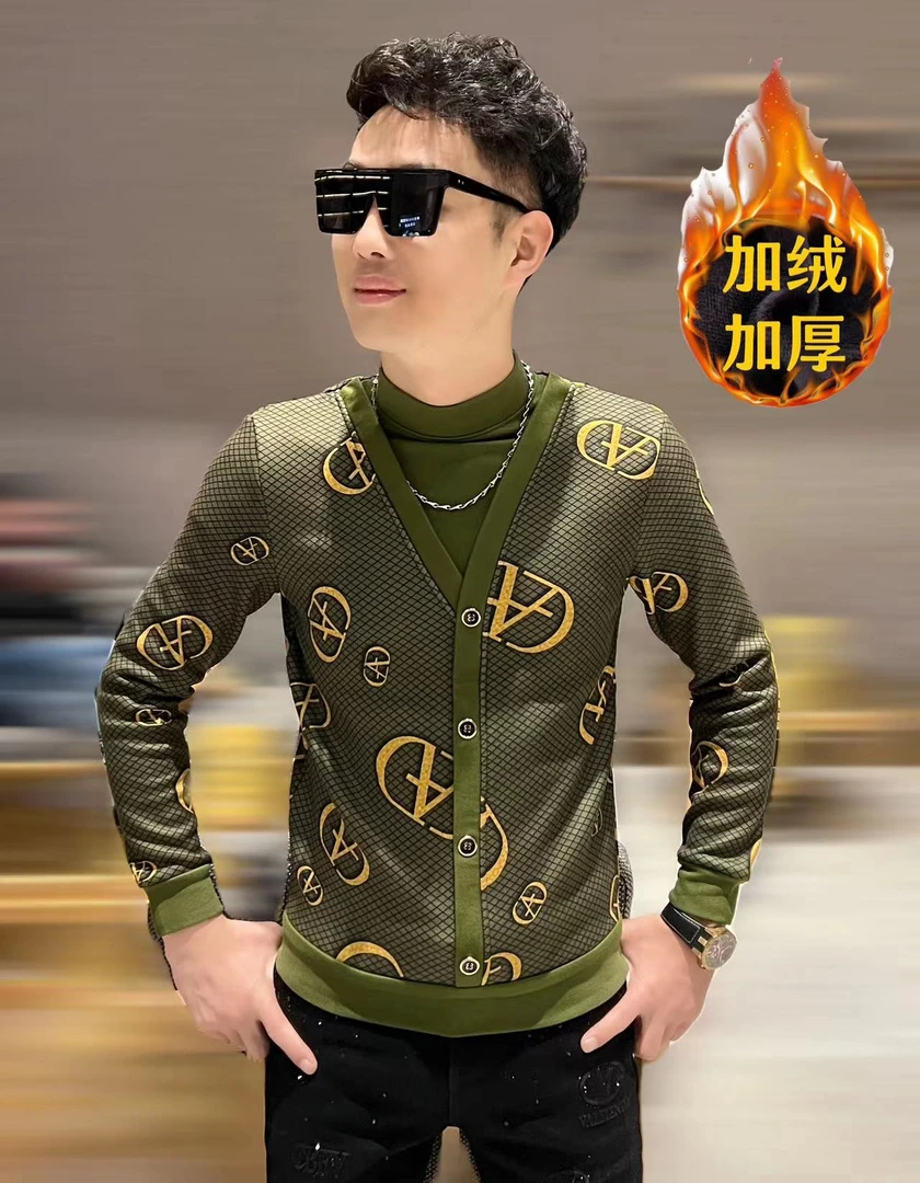 憾路者家  2024春季新款时尚百搭长袖修身圆领男士印花假两件卫衣