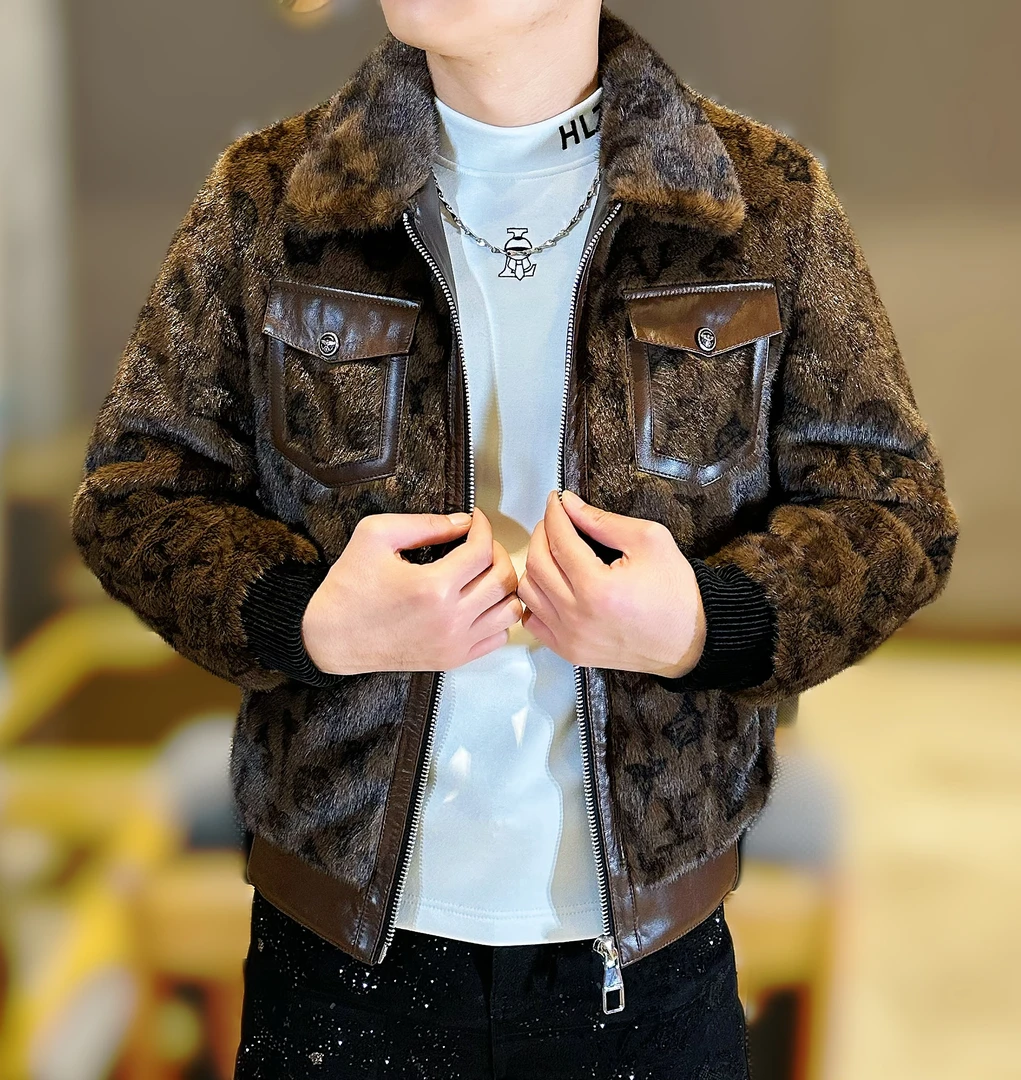 憾路者家2024冬季男士新款立体融雕立领保暖加绒加厚大金貂外套