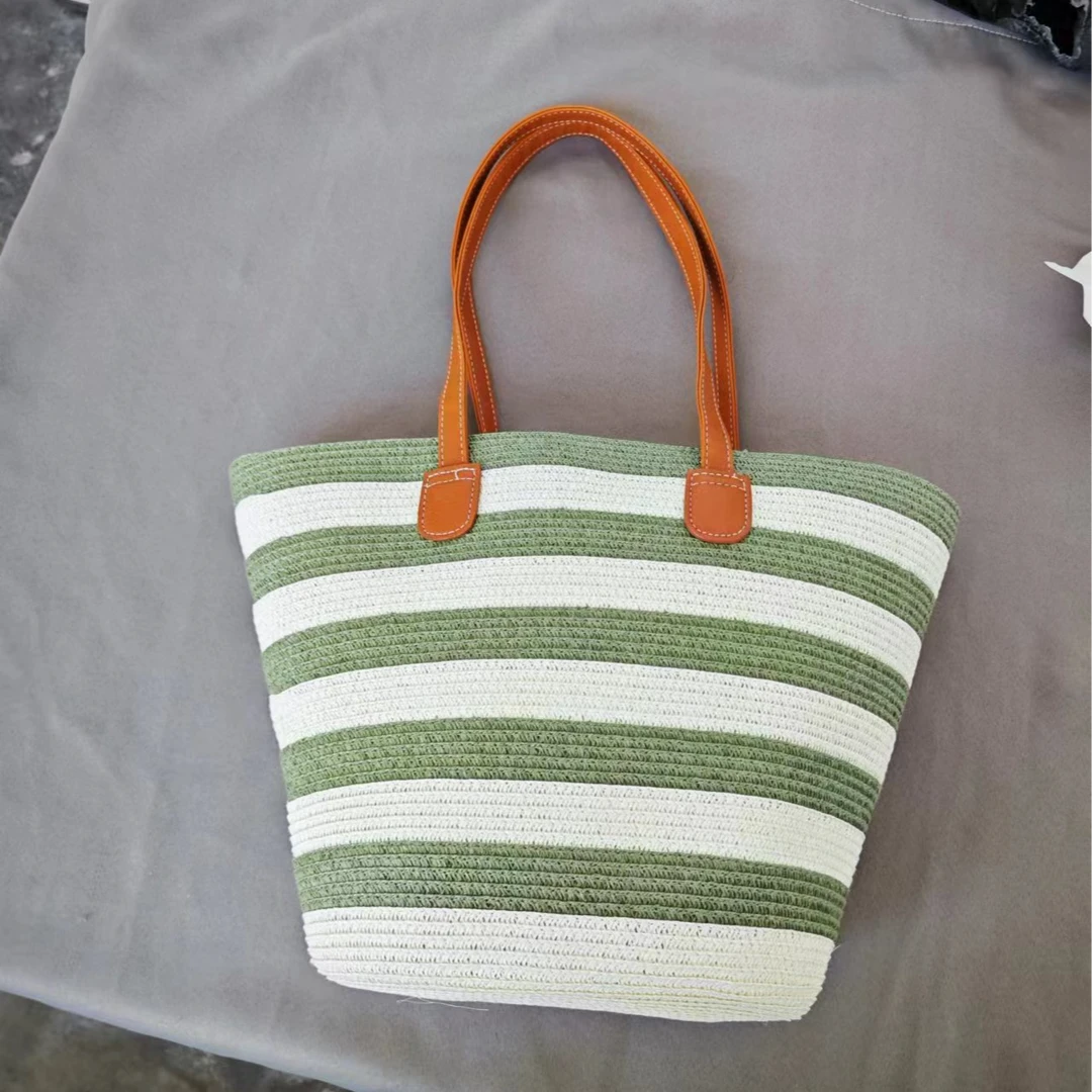 M111薄荷夏季草编小清新度假百搭时尚休闲撞色拼接小众条纹肩包