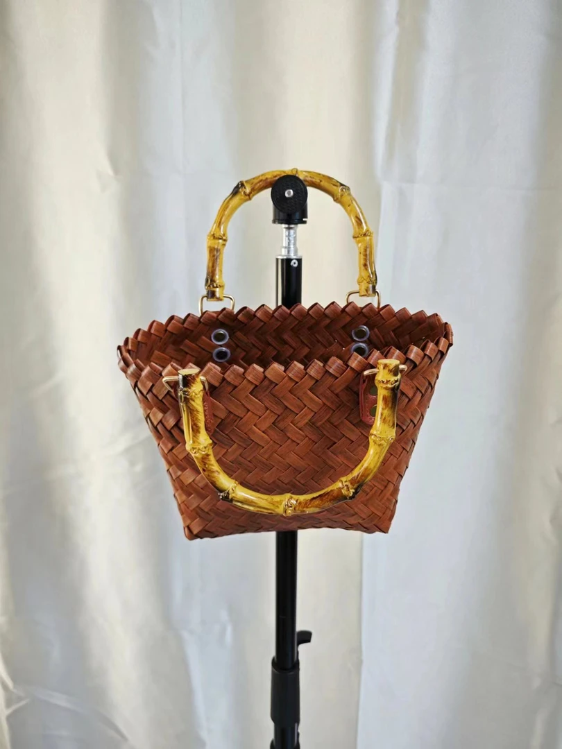 M124（中号仿竹节）中式复古女士夏季纯手工编织手拎包棕色百搭日常