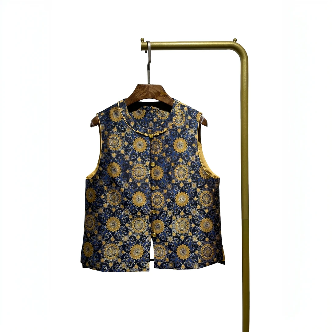 [蓝色大小团花.马甲]宋锦 新中式国风 织金  桑蚕丝  马甲 24Q111