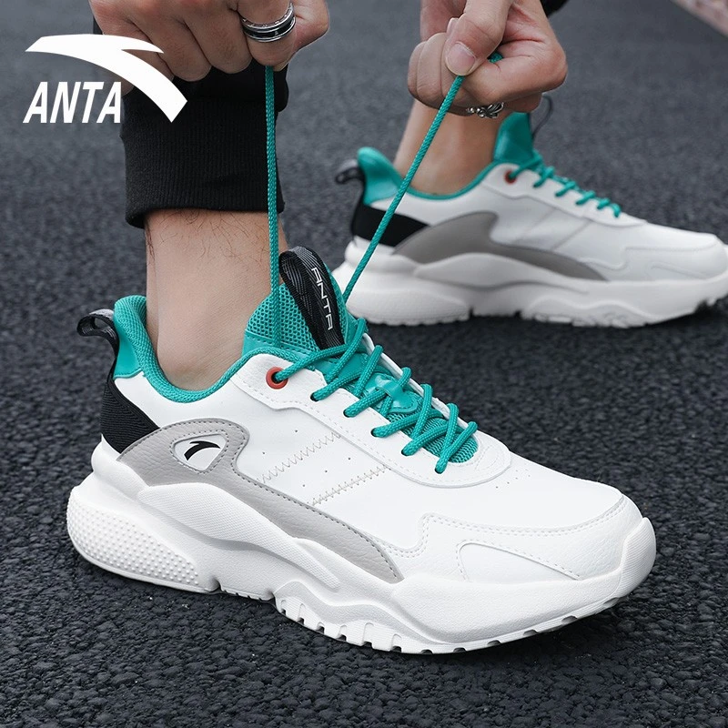 ANTA/安踏男鞋运动鞋老爹鞋革面防泼水白色休闲鞋男士跑鞋百搭