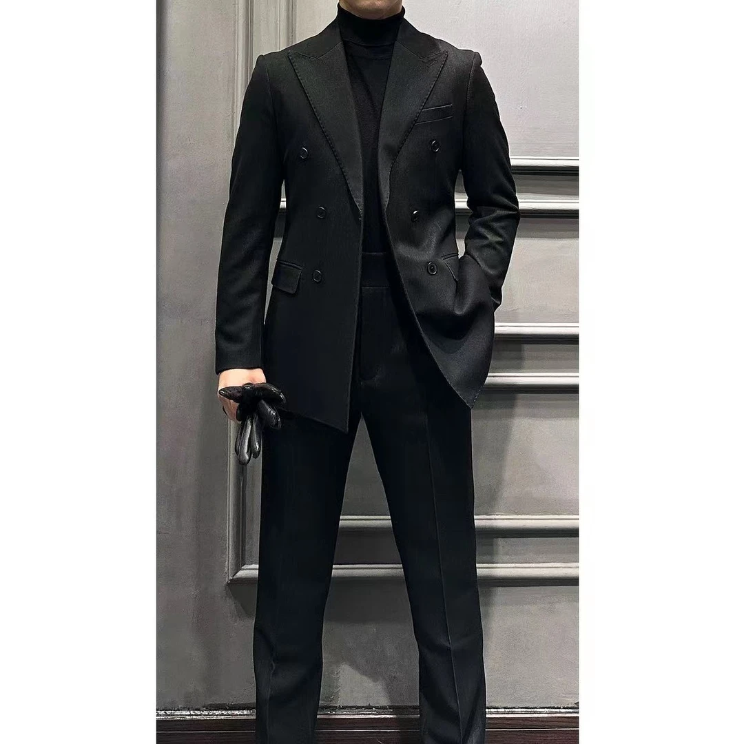 花伦-上新  高级感黑色 戗驳领双排意式西装套装