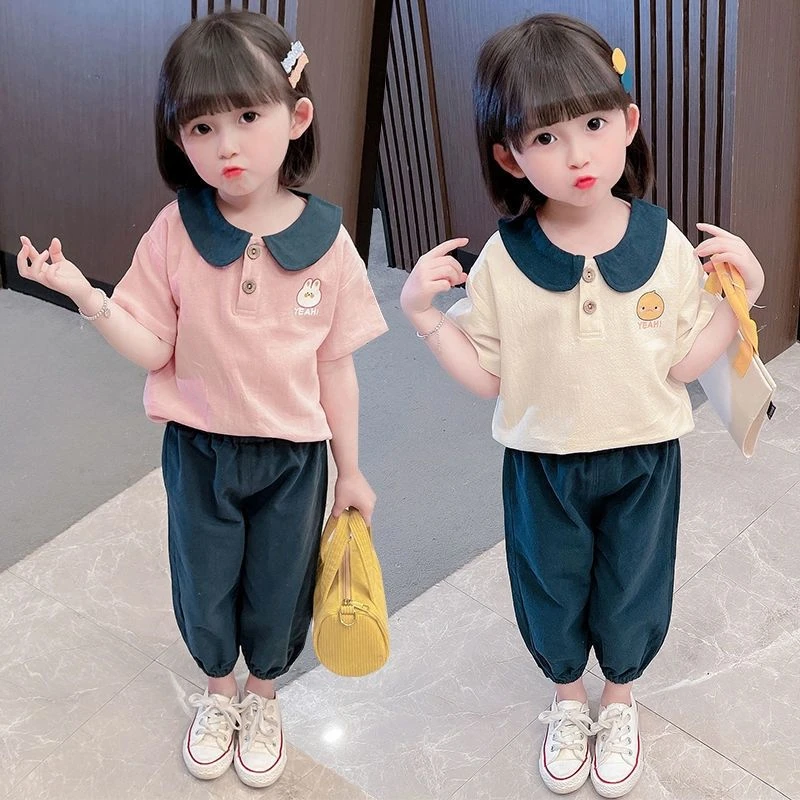 夏装新款娃娃领短袖女童套装时髦洋气韩版装防蚊裤女宝网红上衣