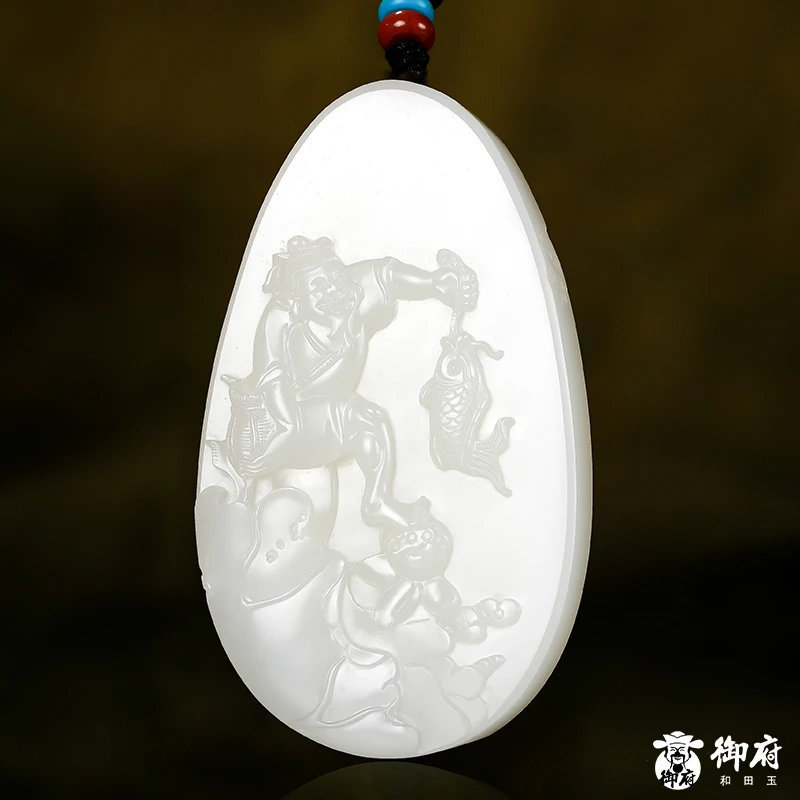 付雪飞大师和田玉 玉牌 渔翁得利 手工 精雕