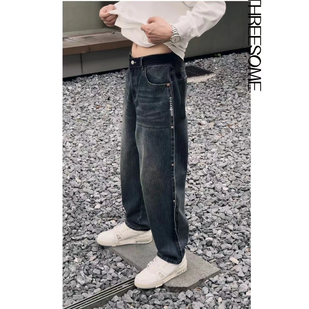 MBM-2[定制钢扣]秋季薄款潮牌水系做旧印花男款宽松潮流牛仔裤