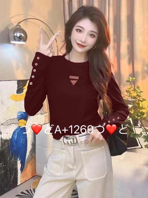 9953#冬季新款圆领纯色百搭设计感T恤女法式修身显瘦上衣