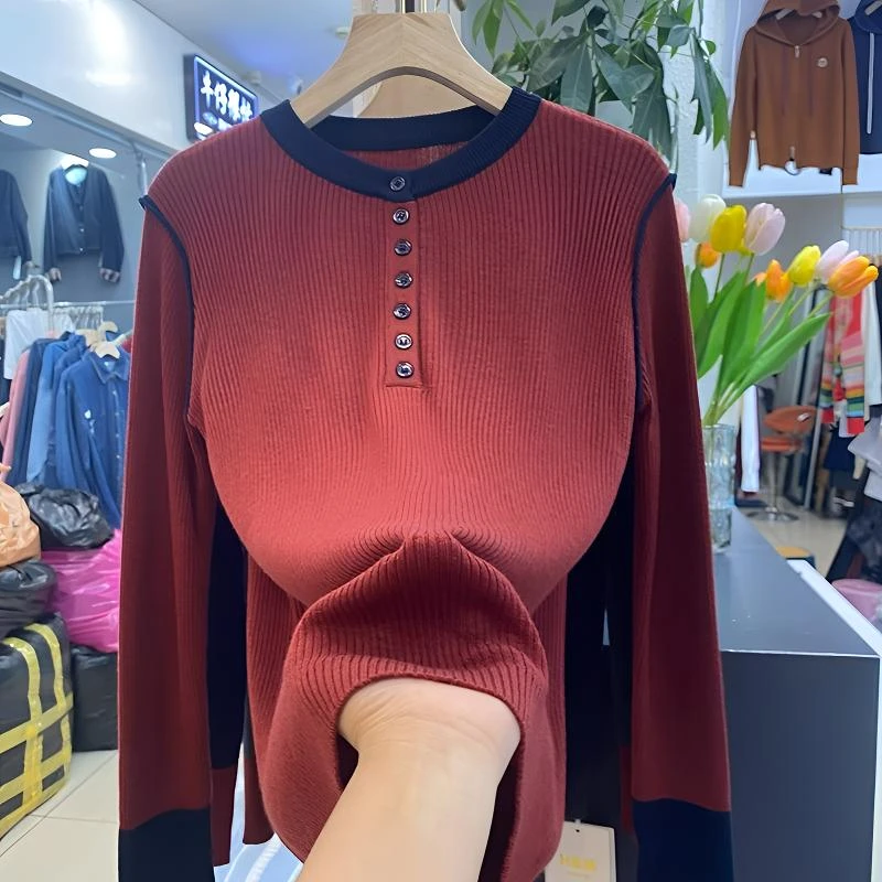 大码圆领撞色长袖针织衫女秋冬季新款百搭洋气修身显瘦打底衫上衣