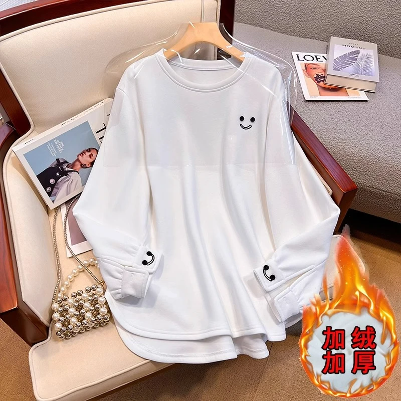 秋冬卫衣宽松大码中长款遮臀部长袖刺绣加绒一体绒保暖u型下摆女