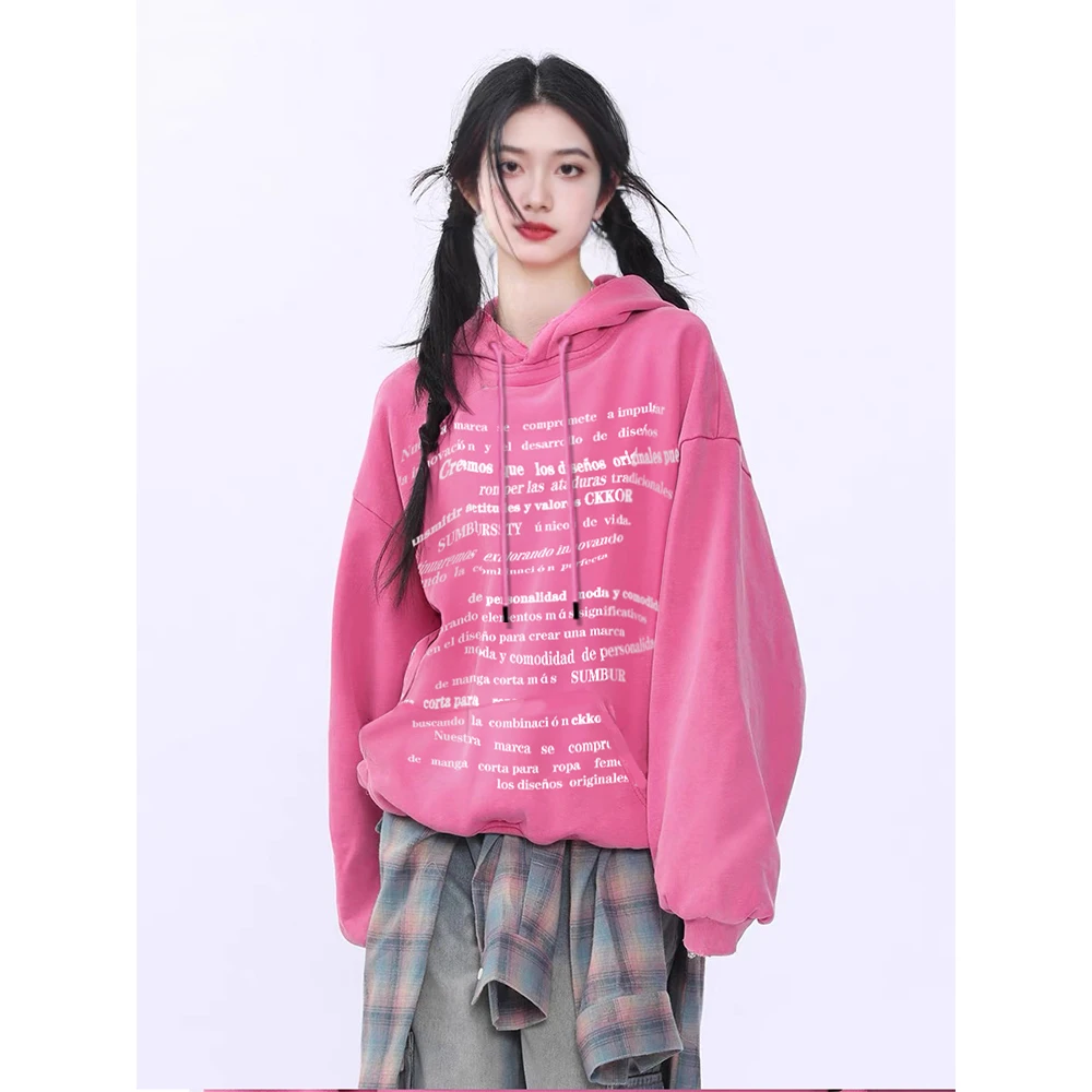 新款美式休闲百搭慵懒风卫衣宽松显瘦字母印花时尚连帽卫衣女ins