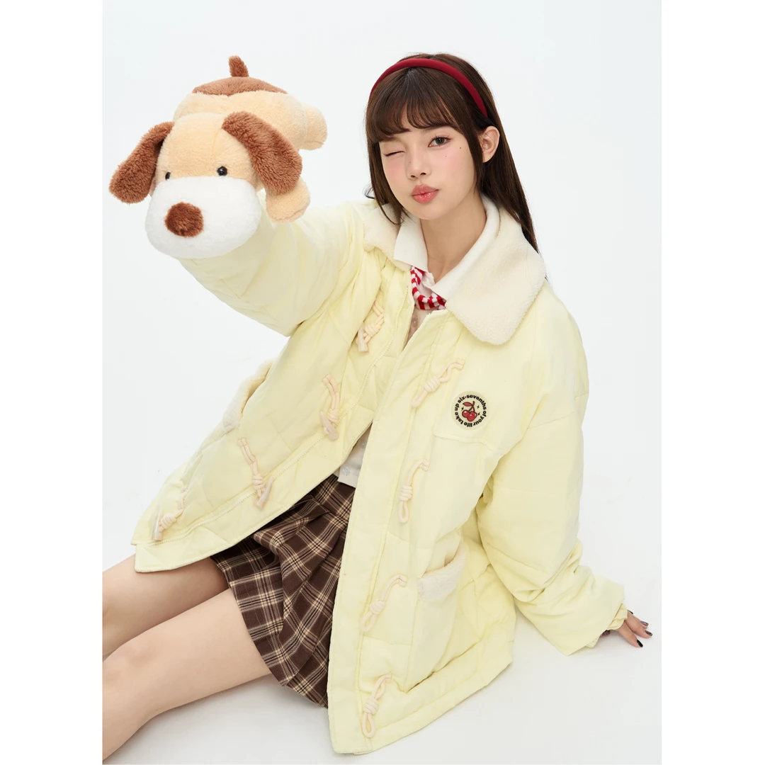 新款冬季新款加厚保暖灯芯绒棉服外套女韩版牛角扣时尚翻领上衣