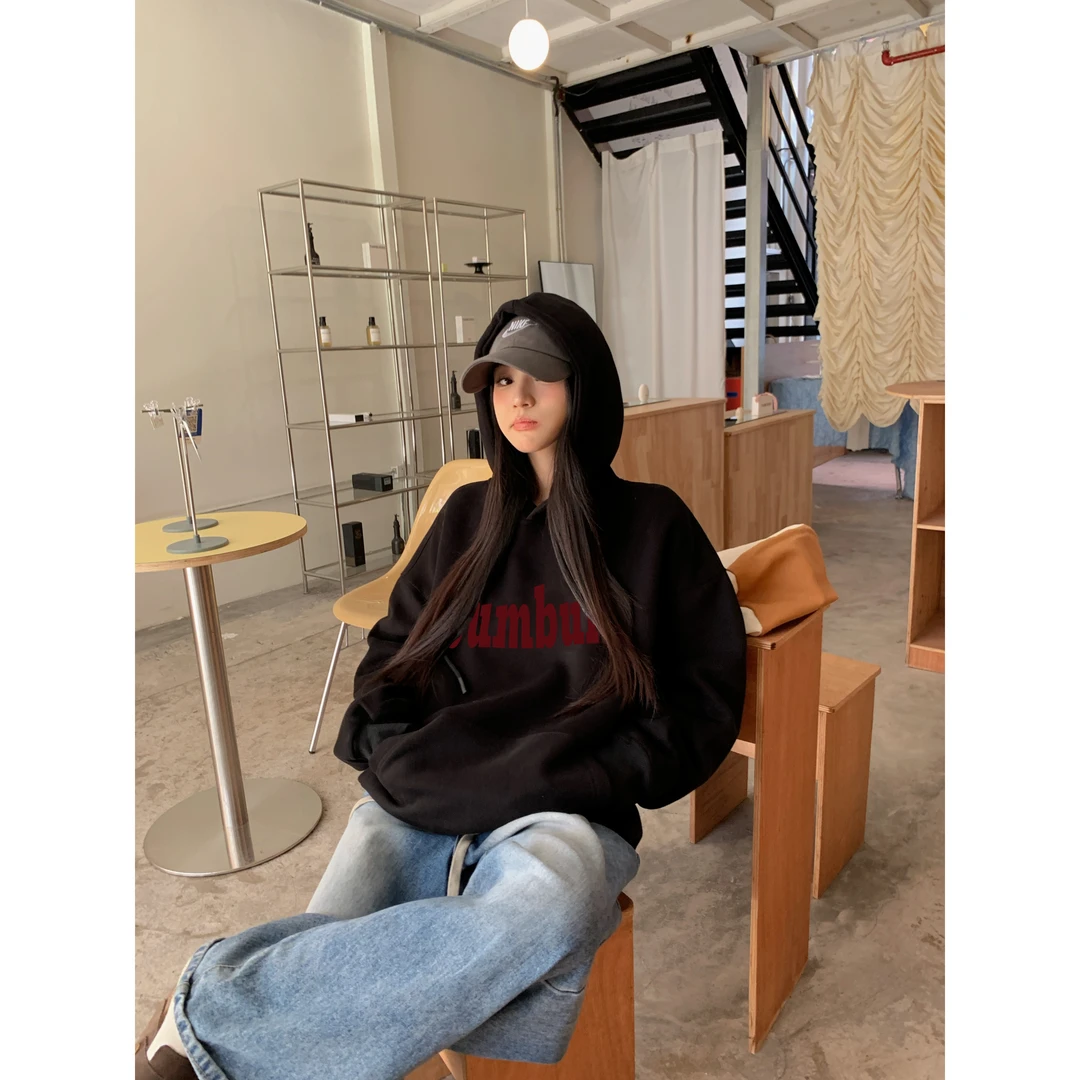 新款韩版宽松显瘦卫衣女款加绒加厚连帽秋冬款ins时尚设计感上衣