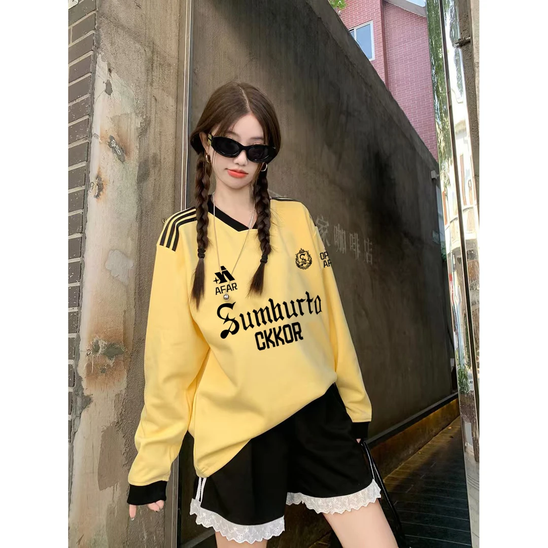 新款秋冬新款美式运动风V领薄款卫衣女街头潮牌高能感穿搭上衣