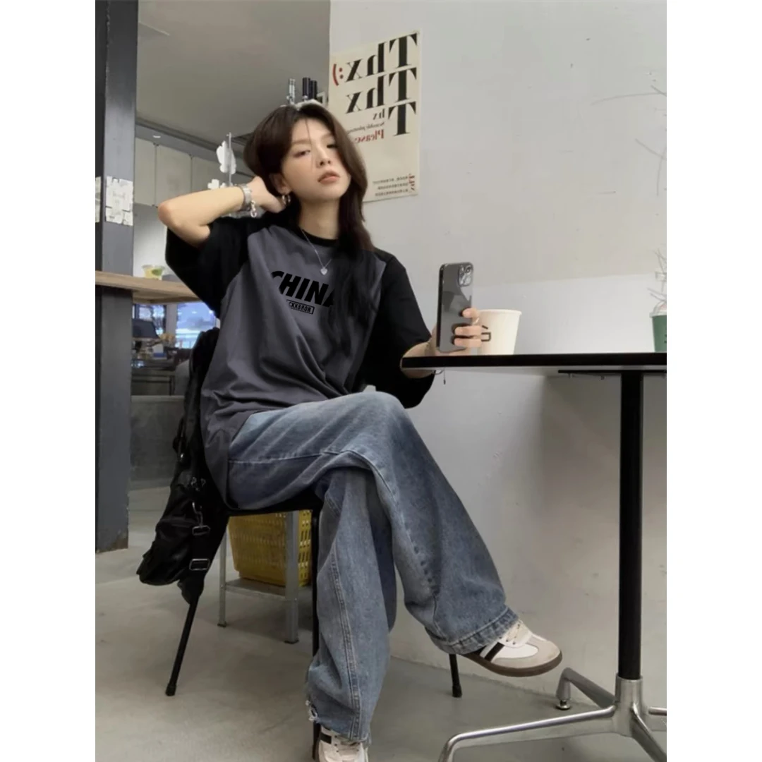 新款夏季休闲百搭宽松黑拼深灰短袖t恤女半袖小众夏季时尚情侣装