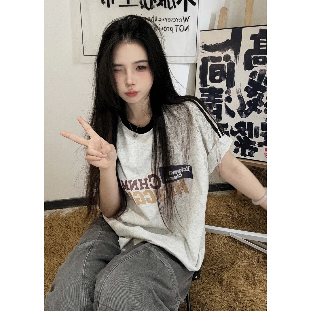 【新款】字母印花三条杠短袖t恤260克美式小众宽松ins韩版圆领