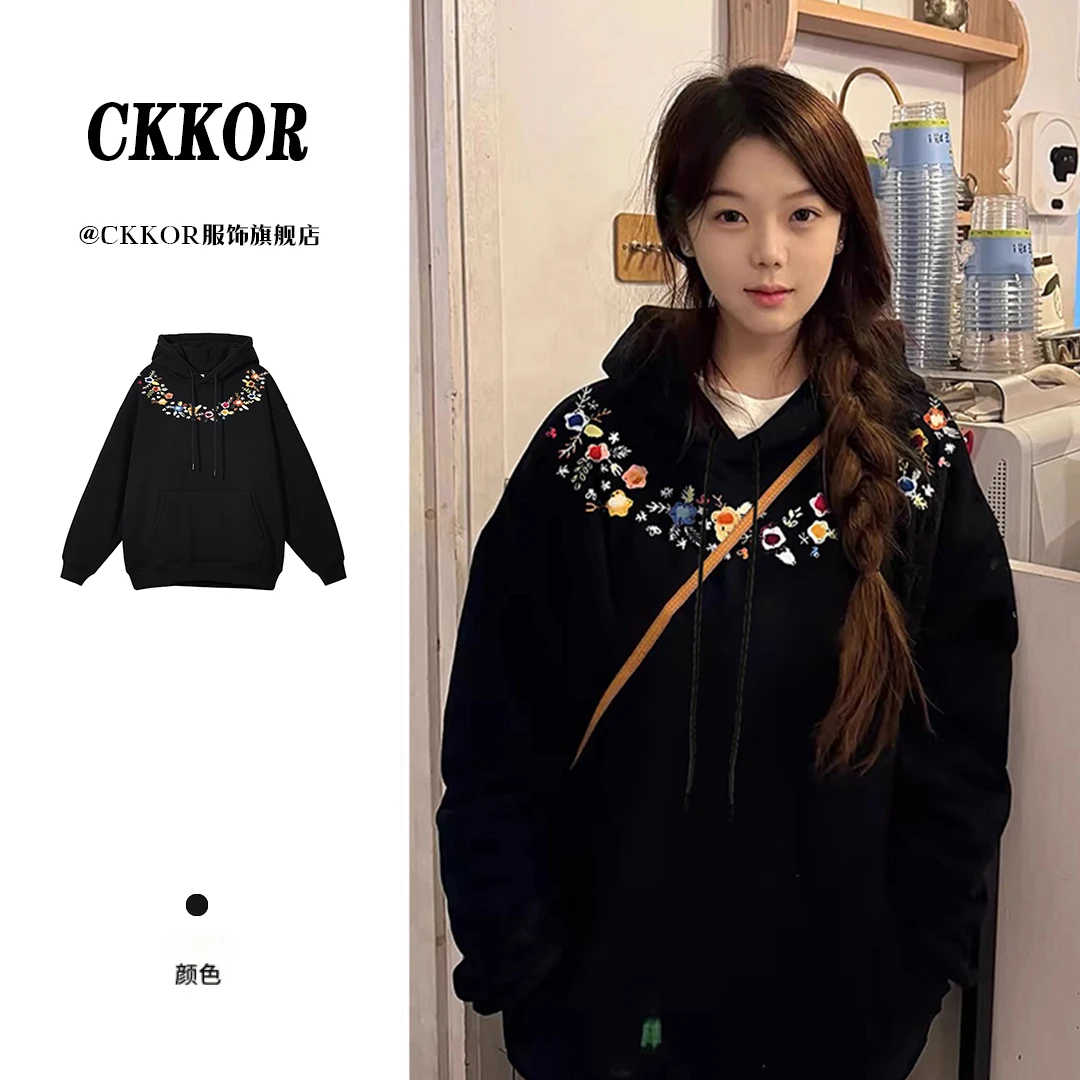 CKKOR美式时尚潮流印花加绒卫衣女秋冬新款休闲ins慵懒风连帽上衣