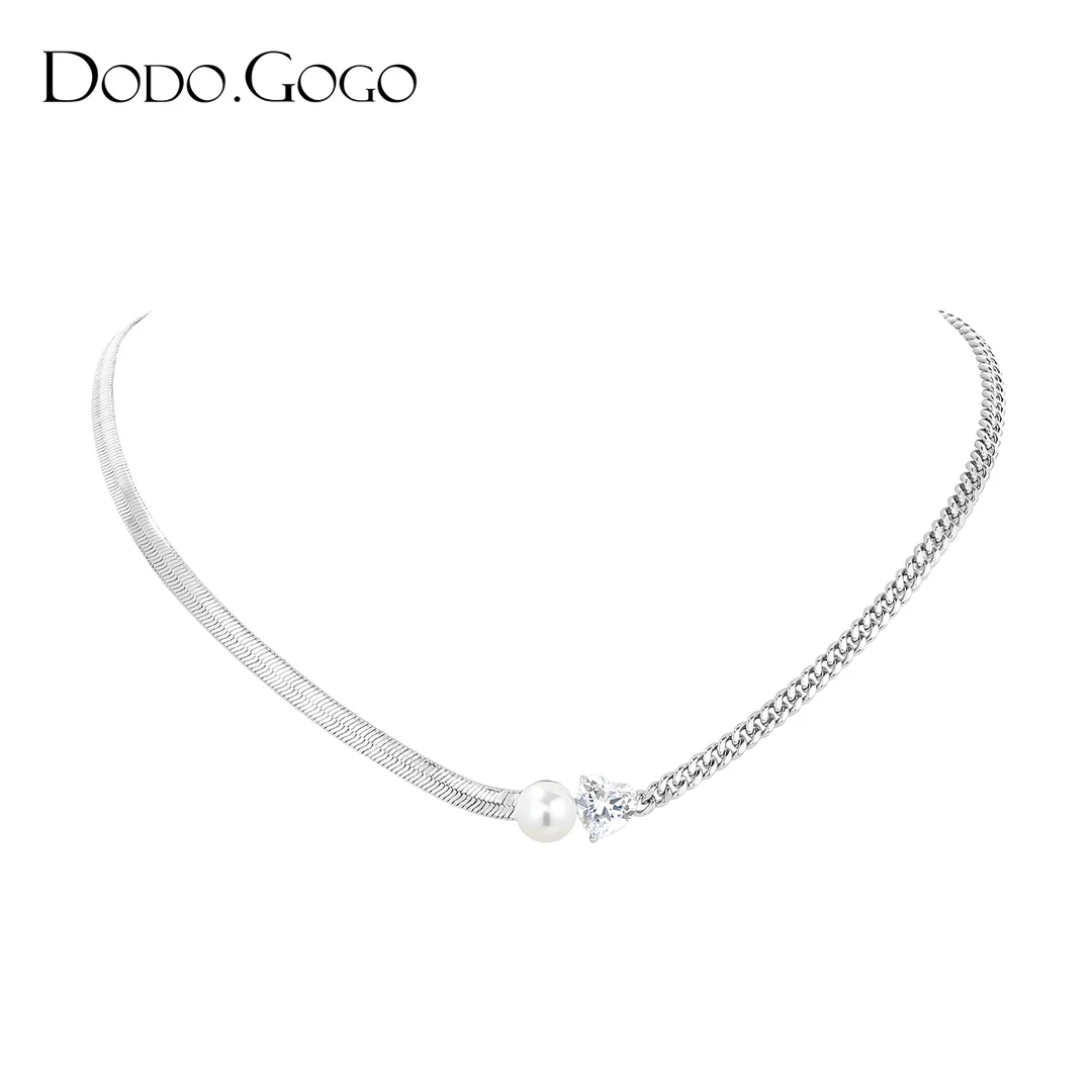 DODOGOGO 合金合成锆石项链 不对称爱心蛇骨链女拼接choker锁骨链
