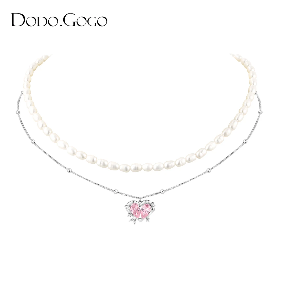 DODOGOGO 合金项链 双层叠戴珍珠爱心项链女轻奢小众高级感锁骨链