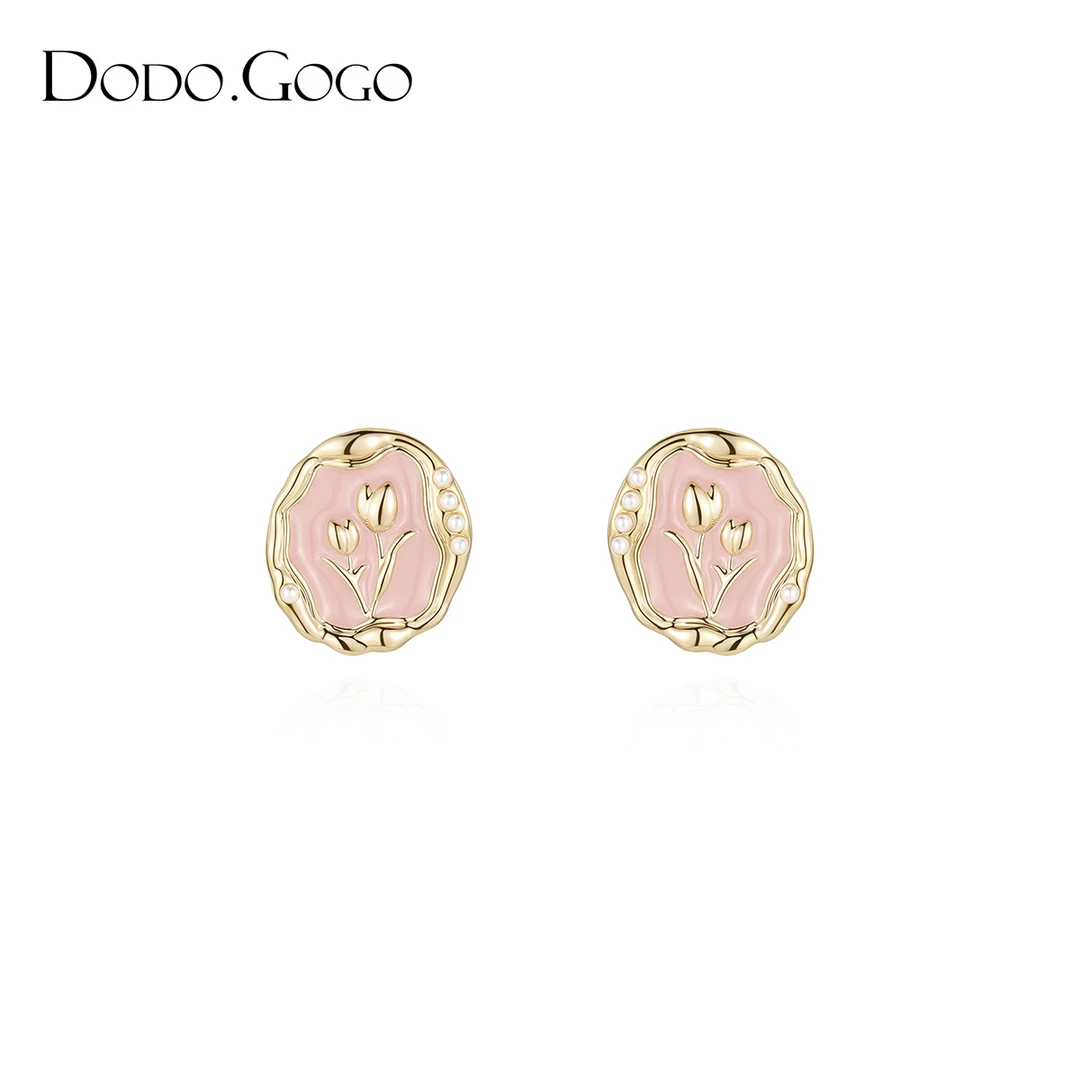 DODOGOGO 合金仿珍珠耳饰 金边郁金香耳环女甜美小众设计耳夹耳钉