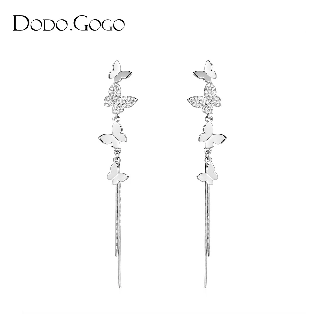 DODOGOGO 合金合成锆石耳饰 蝴蝶流苏耳环小众设计气质轻奢长仙气
