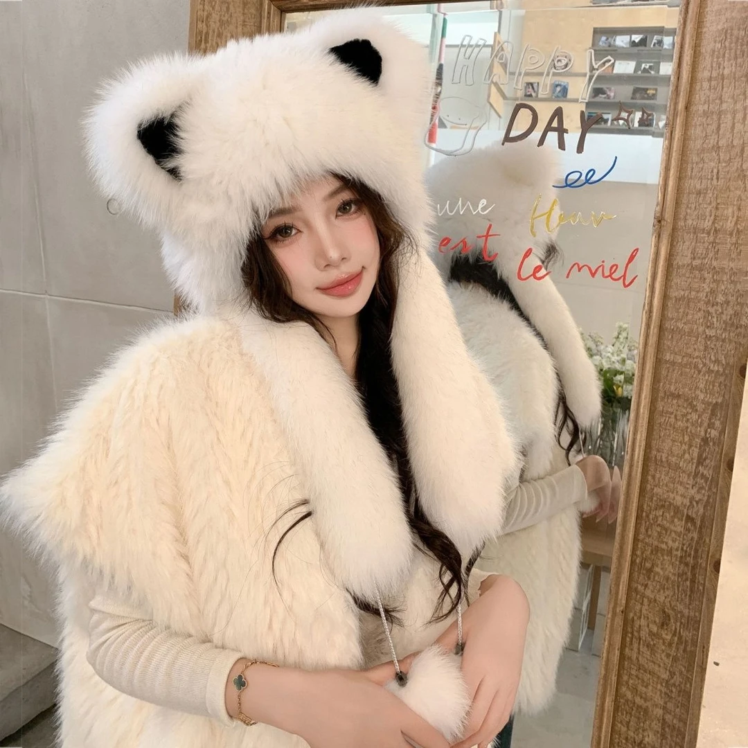 可爱耳朵帽子毛绒绒毛绒真毛狐狸护耳一体围巾加厚冬季防寒保暖